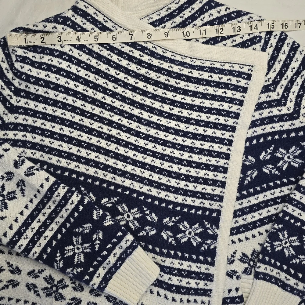 Lands' End Fair Isle Sweater Open Cardigan Navy Ivory Nordic Print Cabincore M - Picture 10 of 13